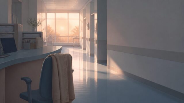 早朝の光が差す病院の廊下と、誰もいないナースステーションのイメージイラスト