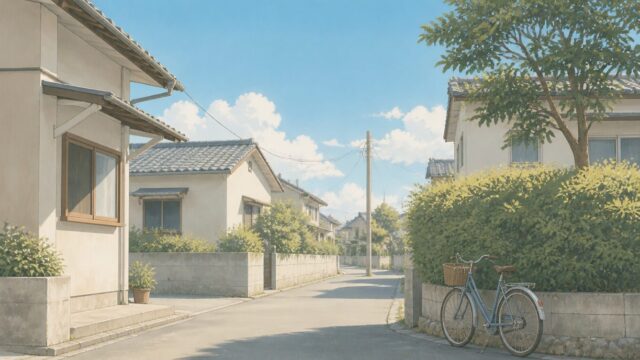 昼間の住宅街と、生け垣のそばに停められた自転車のイメージイラスト