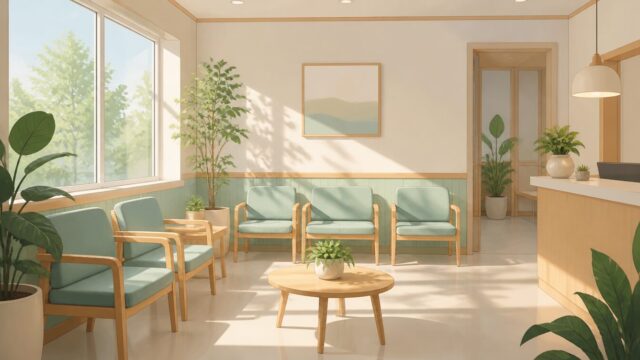 日差しの入る小さなクリニックの待合室のイメージイラスト