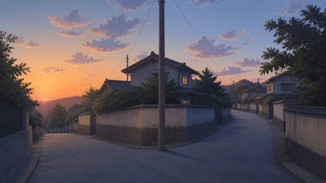 夕暮れの住宅街で道が二手に分かれているイメージイラスト