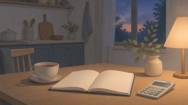 夕方の台所のテーブルに、開いたノートと電卓が置かれたイメージイラスト