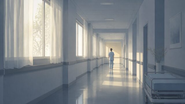 明るい病院の廊下を一人で歩く看護師の後ろ姿のイメージイラスト