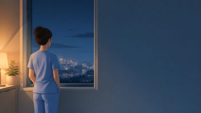 夜勤中の病棟の窓辺に立つ看護師のイメージイラスト